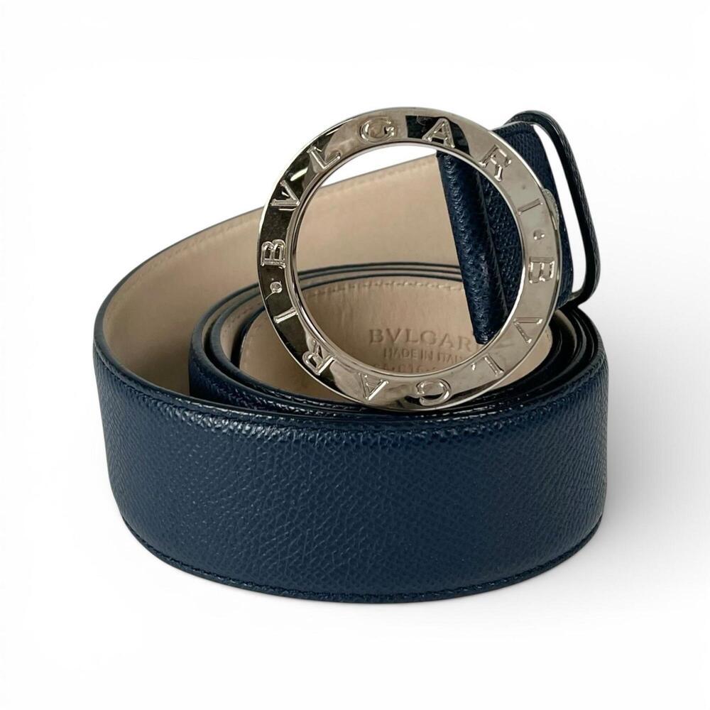 BVLGARI 39546 Bulgari Man Circle Logo Buckle Leather Belt Navy Silver Hardwar...